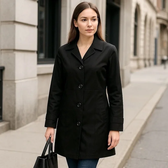 Relativity Black Button Front Trench Coat Size Large - Picture 16 of 16